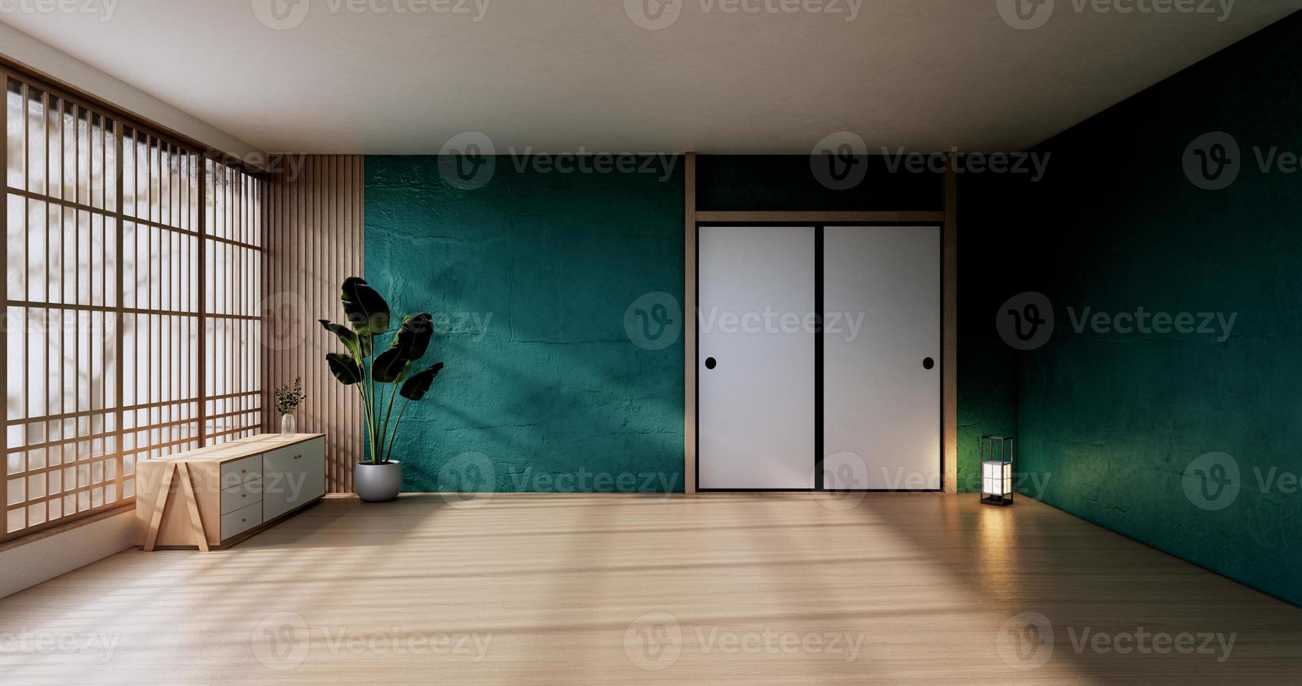 het vintage kastontwerp, groene woonkamer met fauteuil Japanse stijl. 3D-rendering foto