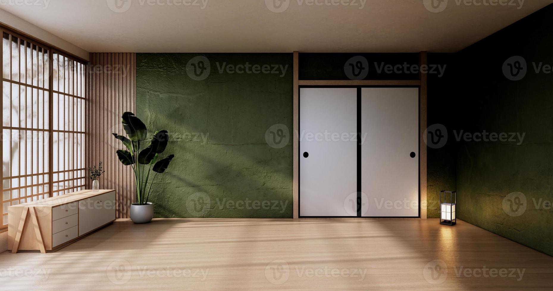 kast houten display-ontwerp op groene kamer Japanse minimalistische woonkamer unterior, 3D-rendering foto