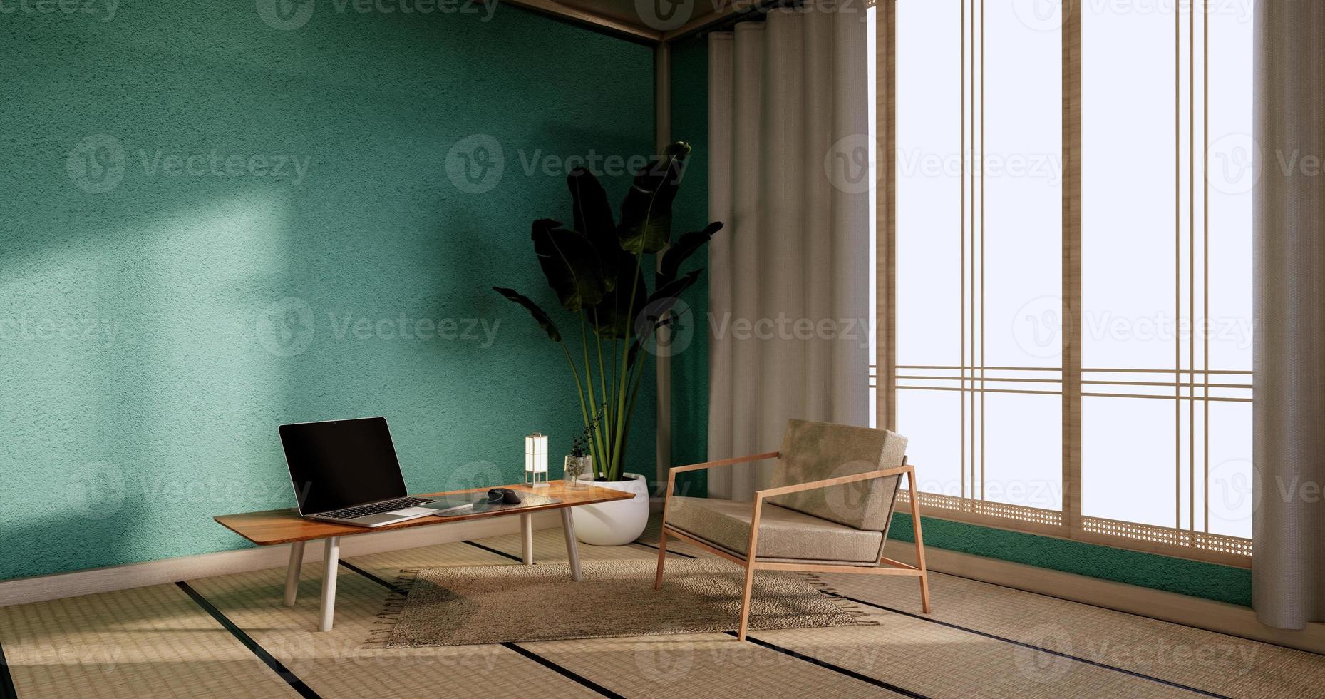 kastmodel, minimale mint woonkamer, tatami mat vloer en fauteuil design.3d rendering foto