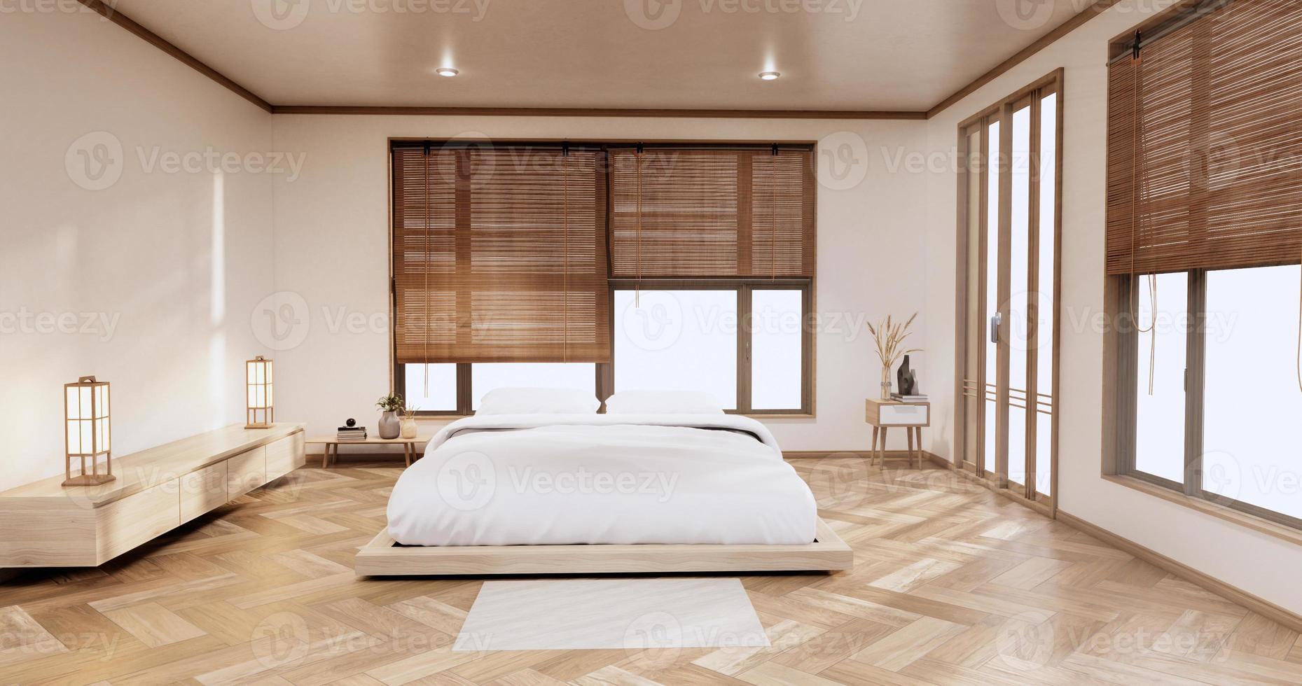 minimalistisch stijlvol interieur van moderne houten kamer met comfortabel bed.3D-rendering foto