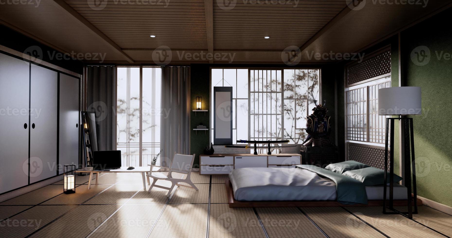 slaapkamer japanse minimalistische stijl., moderne groene muur en houten vloer, kamer minimalistisch. 3D-rendering foto