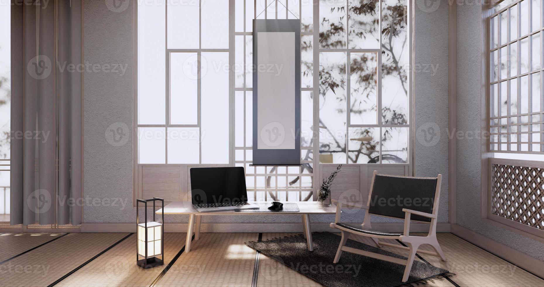 kast houten display-ontwerp op kamer Japanse minimalistische woonkamer unterior, 3D-rendering foto