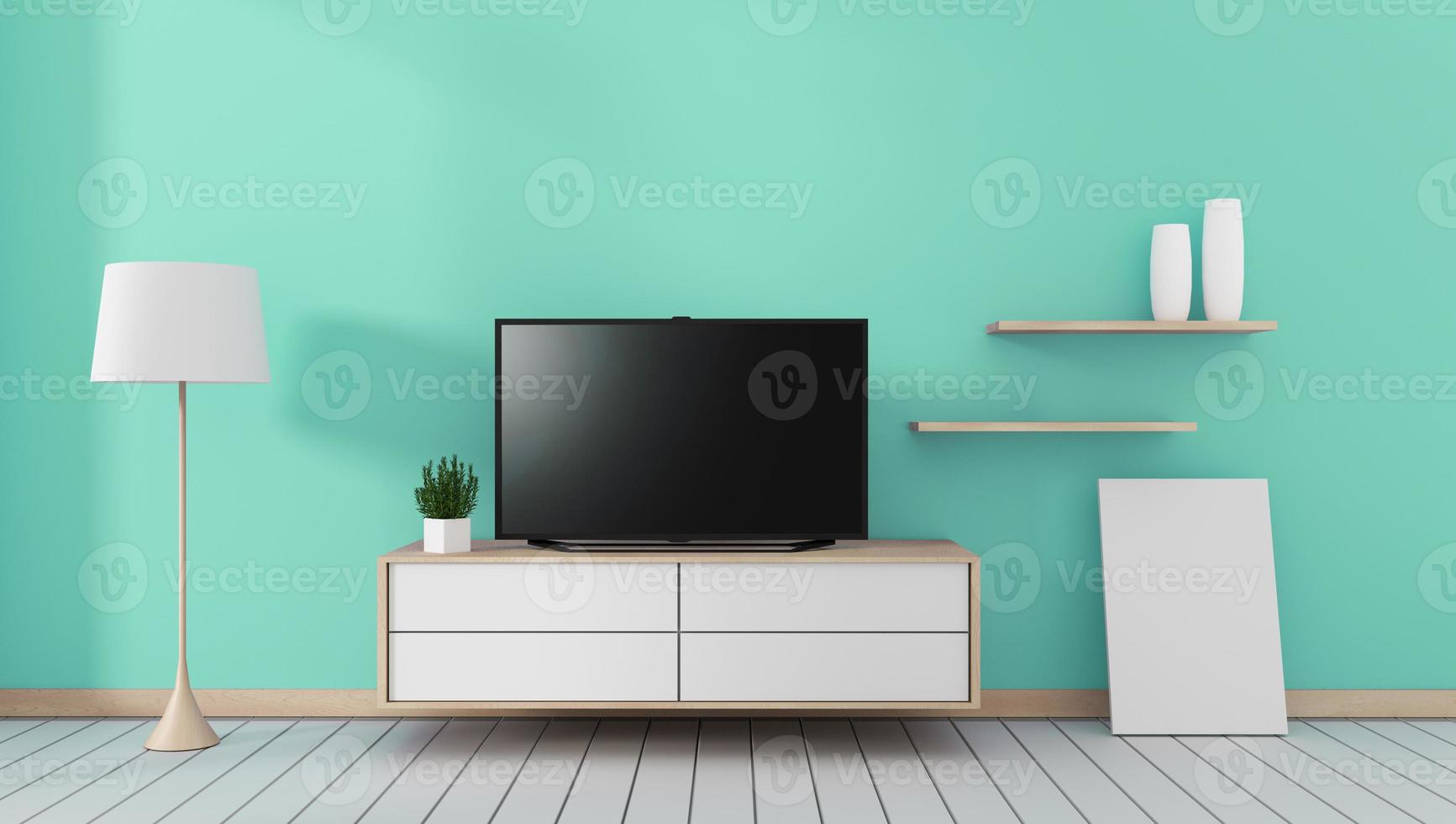 smart tv met leeg zwart scherm dat aan de kast hangt, moderne mint woonkamer. 3D-rendering foto