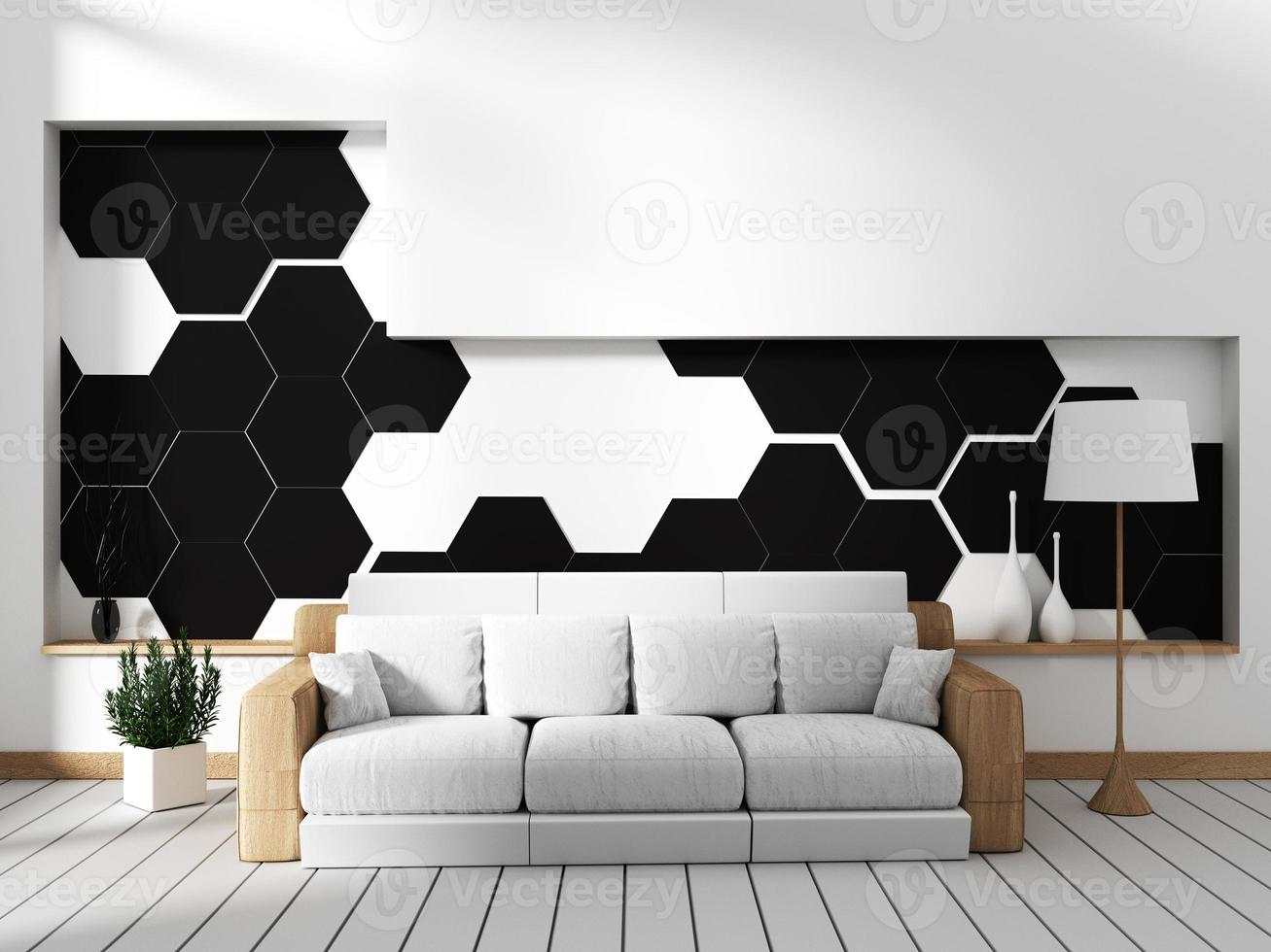 kamer met bank en zwarte zeshoekige tegelwand. 3D-rendering foto