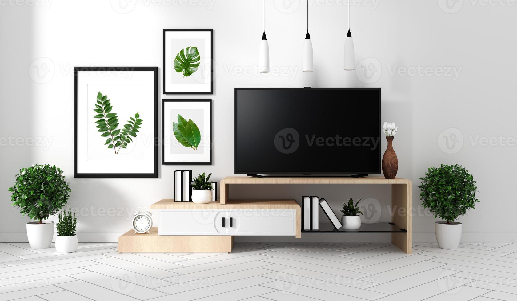 smart tv mockup met leeg zwart scherm dat aan de kast hangt en roemdecor, moderne woonkamer zen-stijl. 3D-rendering foto