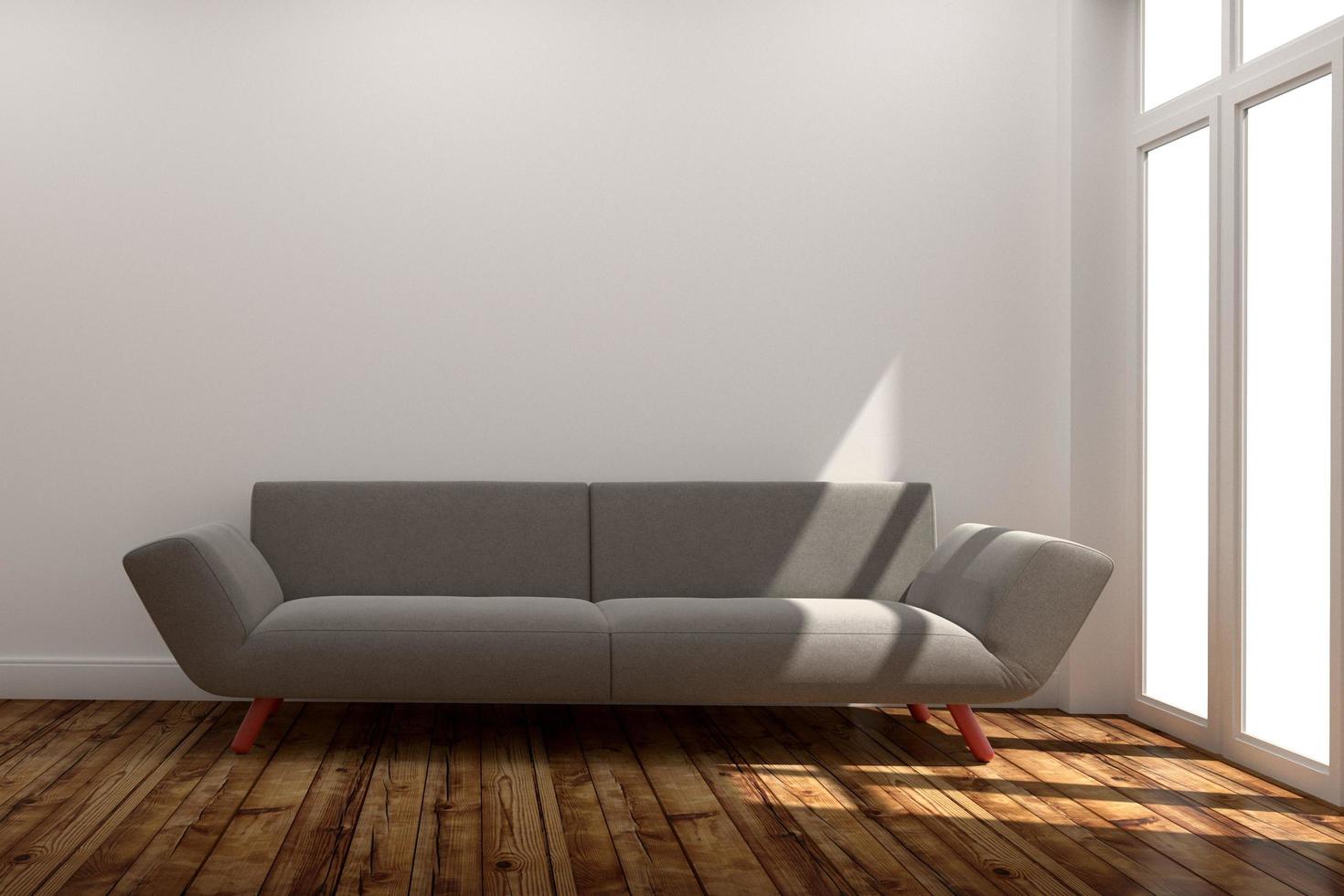 woonkamer interieur met sofa, houten vloer op witte muur background.3d rendering foto