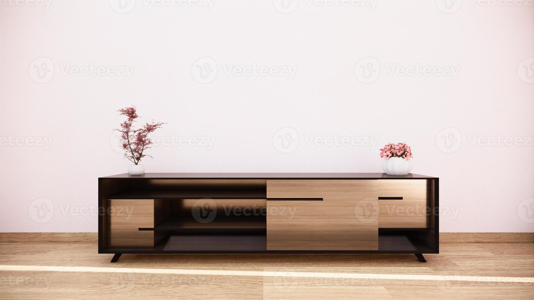 tv-kast in tropische lege kamer japans - zen-stijl, minimale ontwerpen. 3D-rendering foto