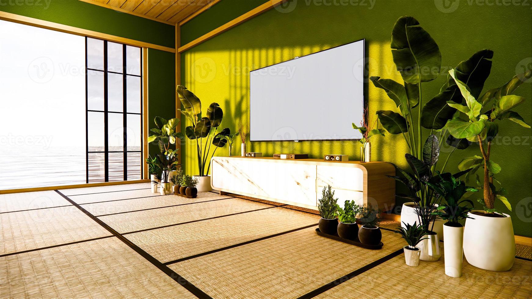 tv-kast in Japanse woonkamer op oude groene muurachtergrond, 3D-rendering foto