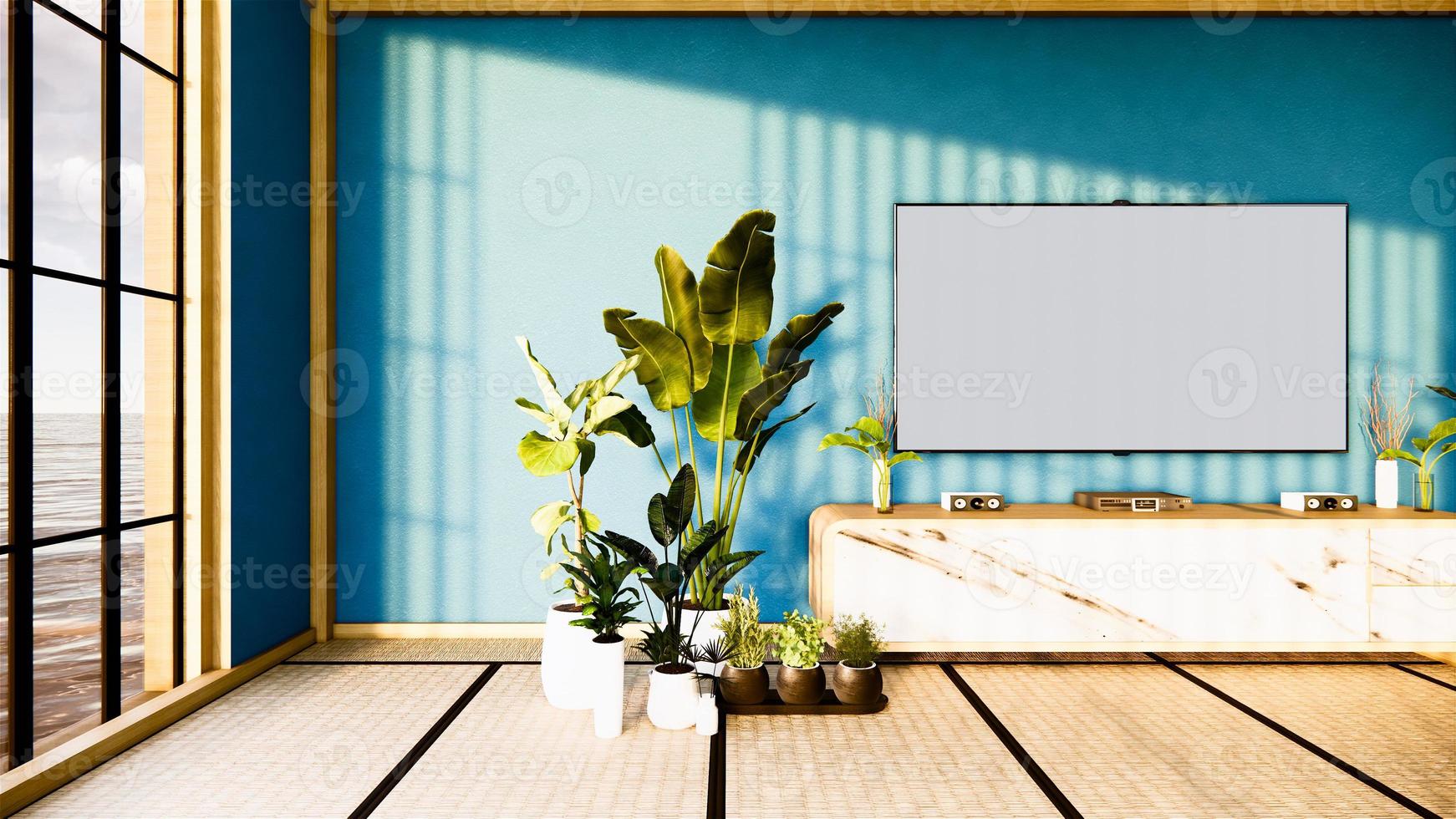 tv-kast in Japanse woonkamer op blauwe hemelmuurachtergrond, 3D-rendering foto
