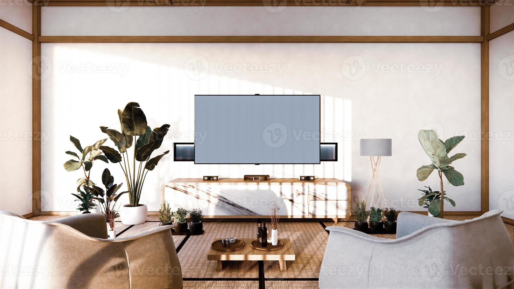 bank en kast in Japanse woonkamer op witte muur achtergrond, 3D-rendering foto