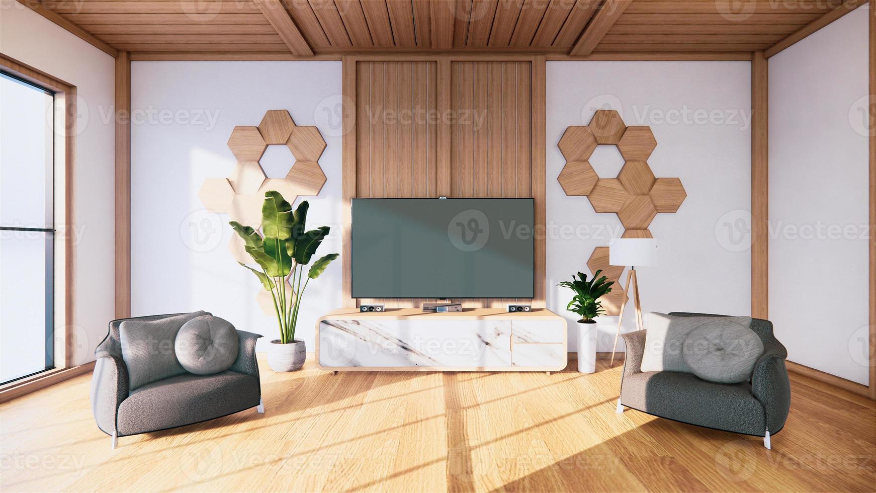 kabinet ontwerp graniet en houten in moderne lege ruimte en witte muur op witte vloer kamer tropische stijl. 3D-rendering foto