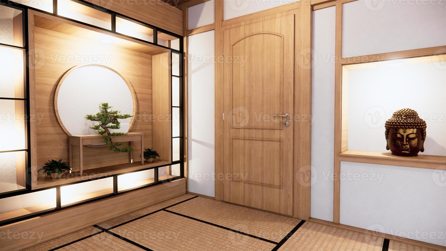 plank muur ontwerp zen interieur van woonkamer japanse stijl.3d-rendering foto