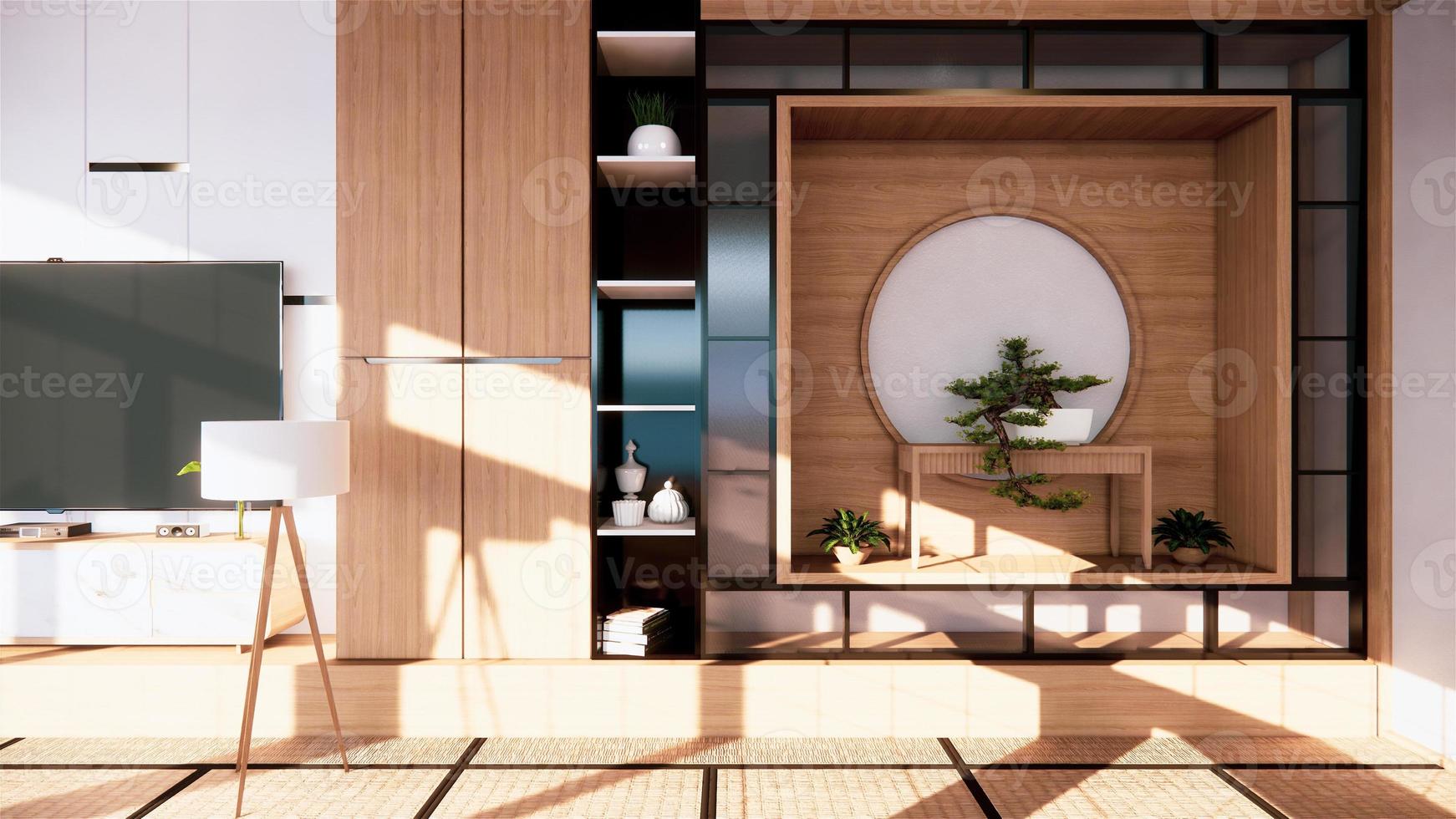 plank muur ontwerp zen interieur van woonkamer japanse stijl.3d-rendering foto