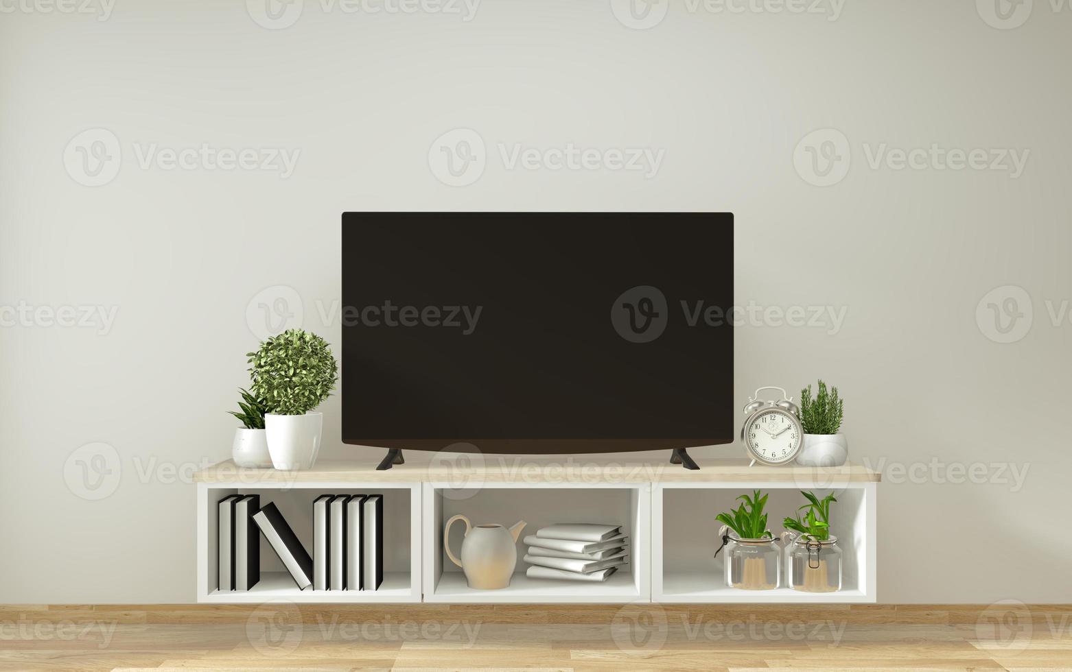 mockup smart tv, woonkamer met decoraion zen-stijl minimaal ontwerp. 3D-rendering foto