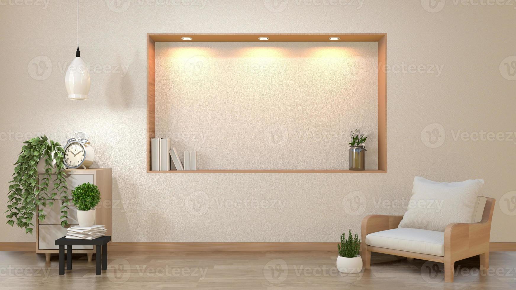 Zen woonkamer lege witte muur achtergrond met decoratie Japan stijl ontwerp naar beneden lichten op plank muur. 3D-rendering foto