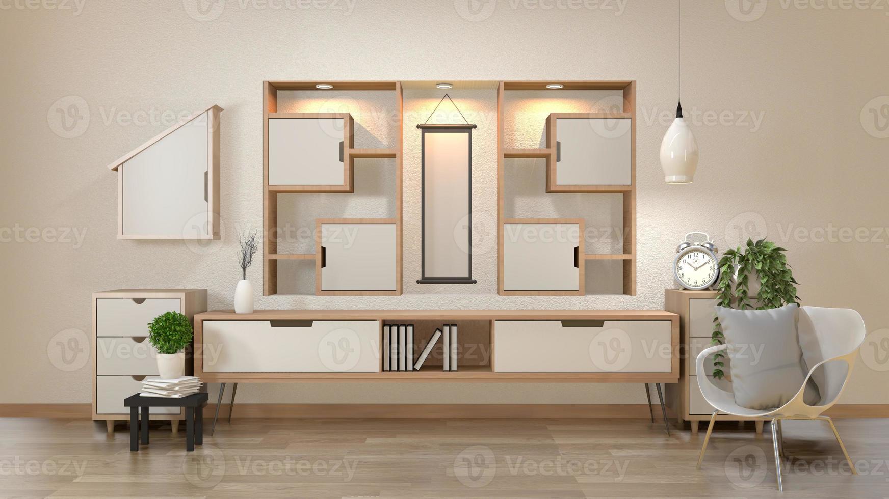 kast en decoratie in moderne zen lege ruimte, minimale ontwerpen plankwand, 3D-rendering foto