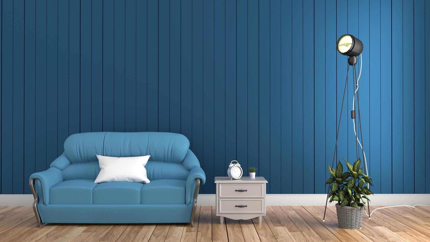 modern interieur van woonkamer en zachte bank op blauwe muur, 3D-rendering foto