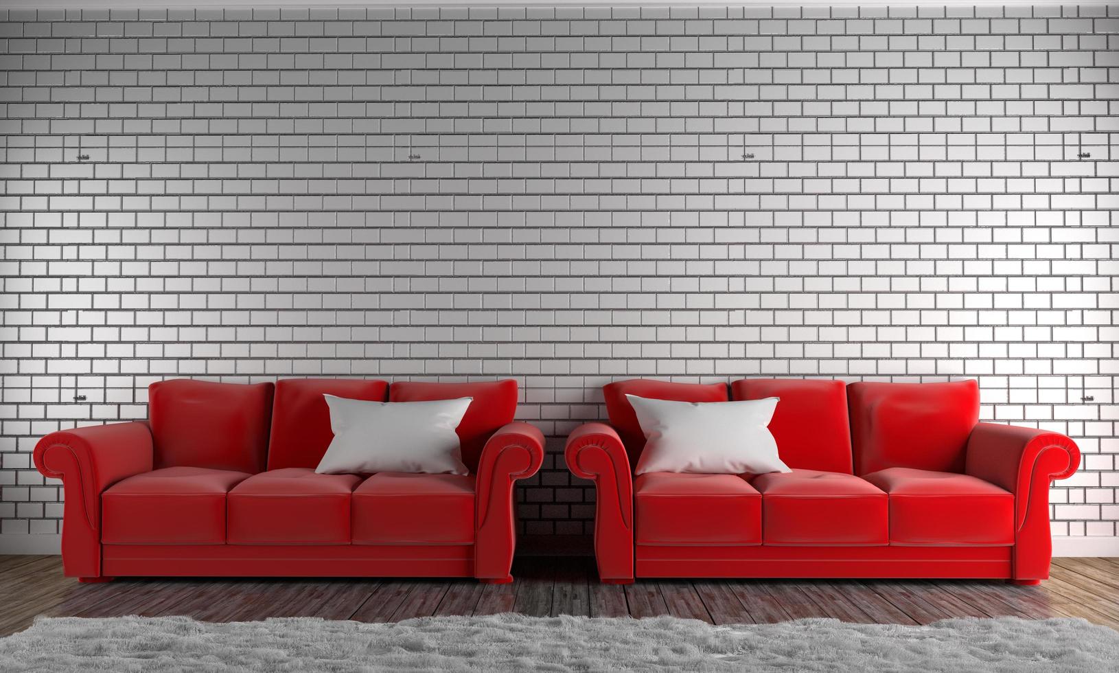 rode banken en kussens, tapijt, houten vloer op lege bakstenen muur. 3D-rendering foto