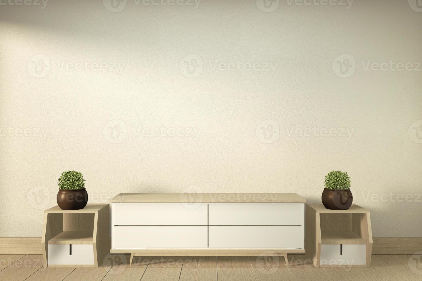 tv-kast in moderne lege kamer japans - zen-stijl, minimale ontwerpen. 3D-rendering foto