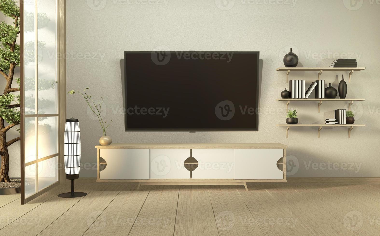 tv aan de muur en houten kast in moderne lege kamer japanse minimale ontwerpen. 3D-rendering foto