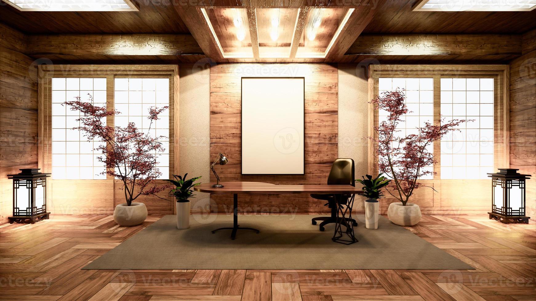 houten china conferentie kamer interieur met houten vloer op witte muur achtergrond - lege kamer business kamer interieur. 3D-rendering foto