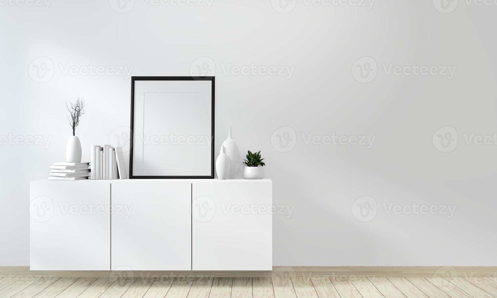 mock-up posteridee van kast wit op muur en vloer houten kamer moderne zen-stijl.3D-rendering foto