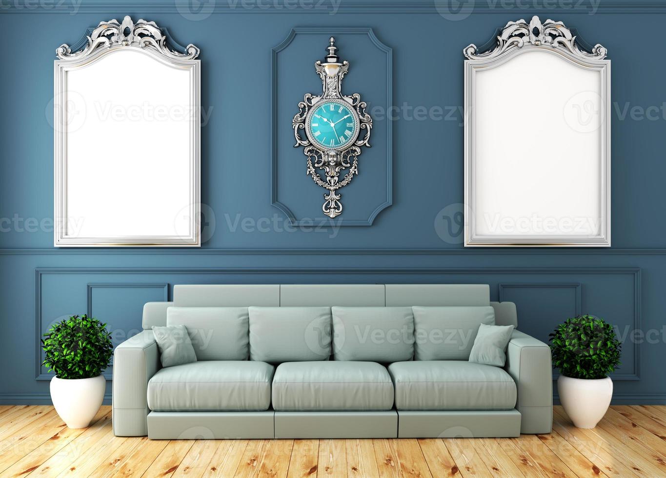 lege luxe kamer interieur met sofa in kamer blauwe muur op houten vloer. 3D-rendering foto