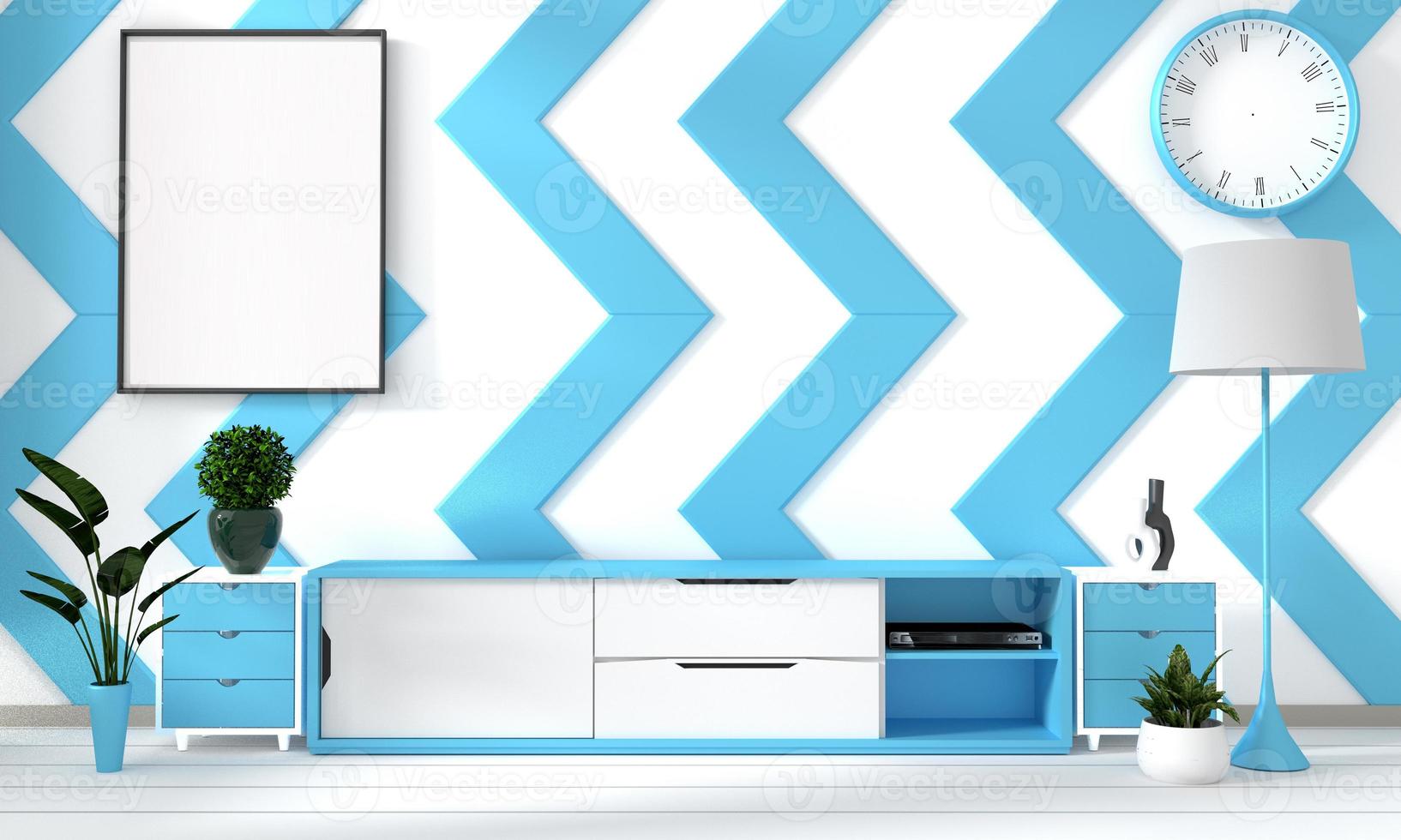 blauwe lucht en witte kamer poster met zen hipster minimalisme japanse interieur achtergrond, 3D-rendering foto