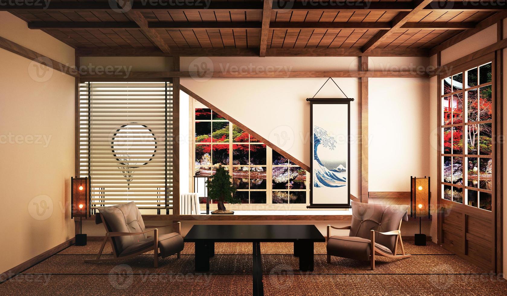 ritme Prestigieus Array mooie woonkamer met lage tafel, fauteuils, bonsaiboom en decoratie in  Japanse stijl en uitzicht op bos Japan. 3D-rendering 4604281 Stockfoto