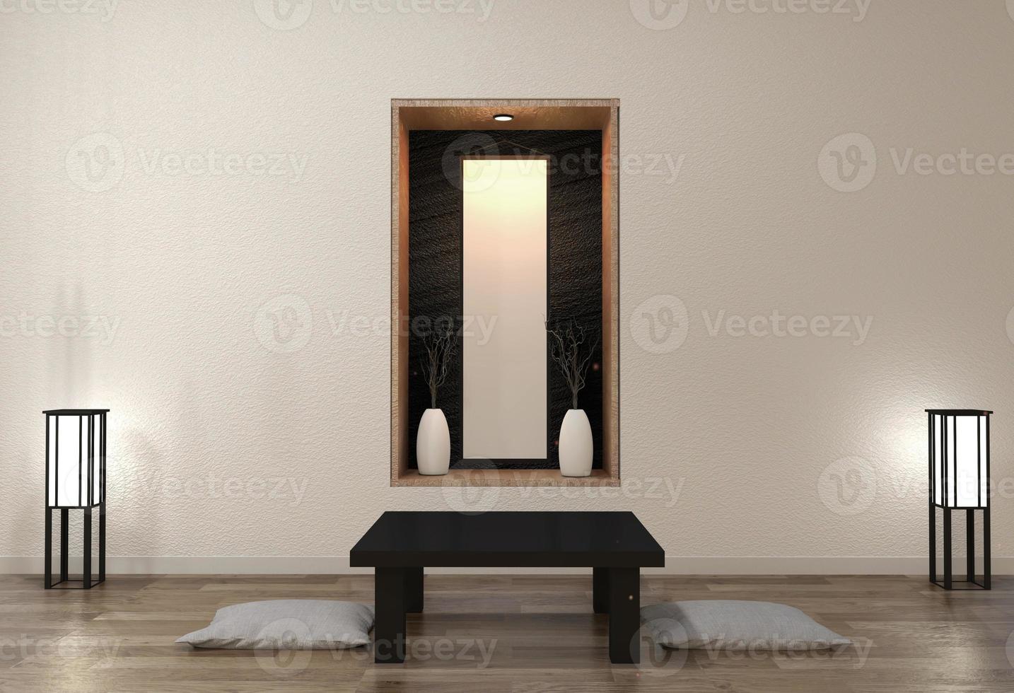 minimalistische moderne zen-woonkamer met houten vloer en decor Japanse stijl. 3D-rendering foto