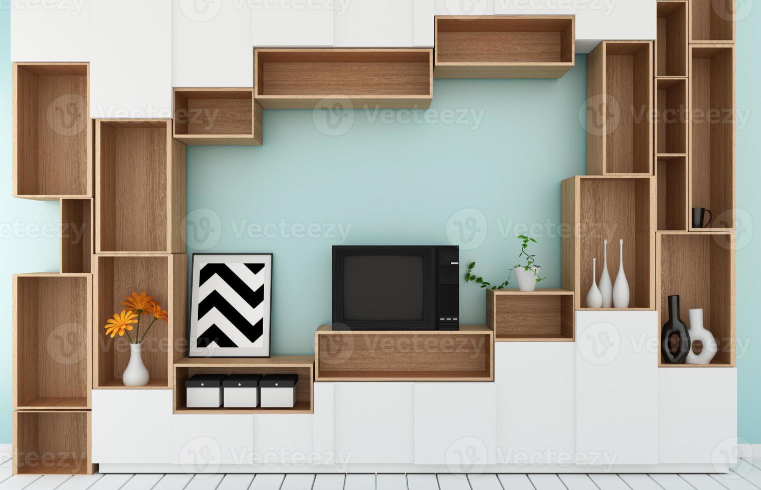 tv plank in mint kamer moderne tropische stijl - lege kamer interieur - minimaal ontwerp. 3D-rendering foto
