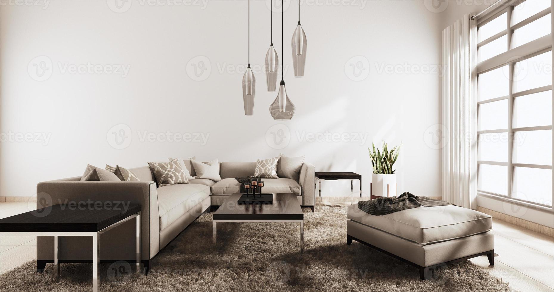 woonkamer moderne stijl met witte muur op houten vloer en sofa fauteuil op carpet.3d rendering foto