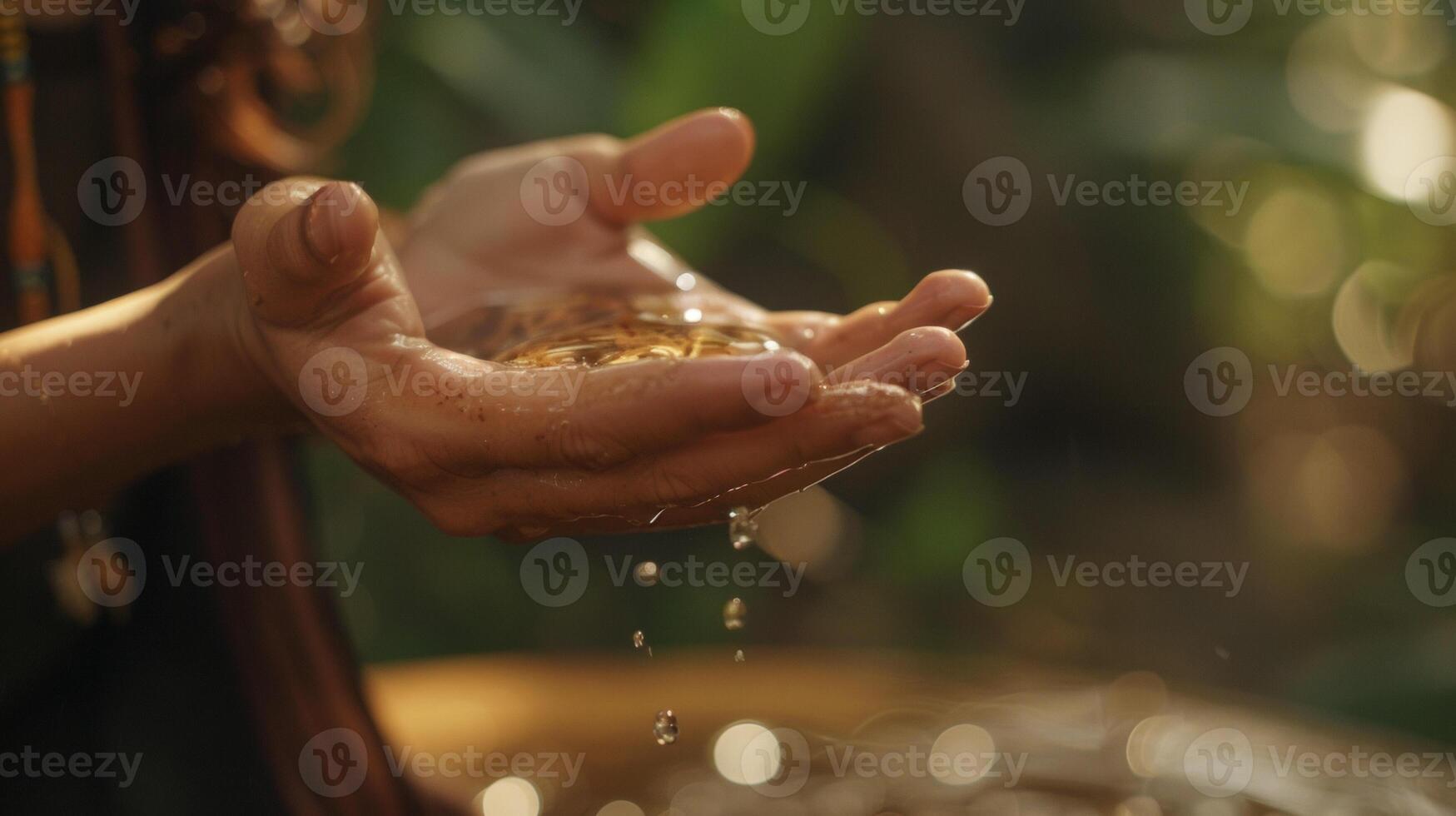 in de tweede beeld wij zien een detailopname van een dames handen net zo ze massages een mengsel van kruiden oliën op haar armen. de oliën zijn een mengsel van kruiden traditioneel gebruikt in medicin foto