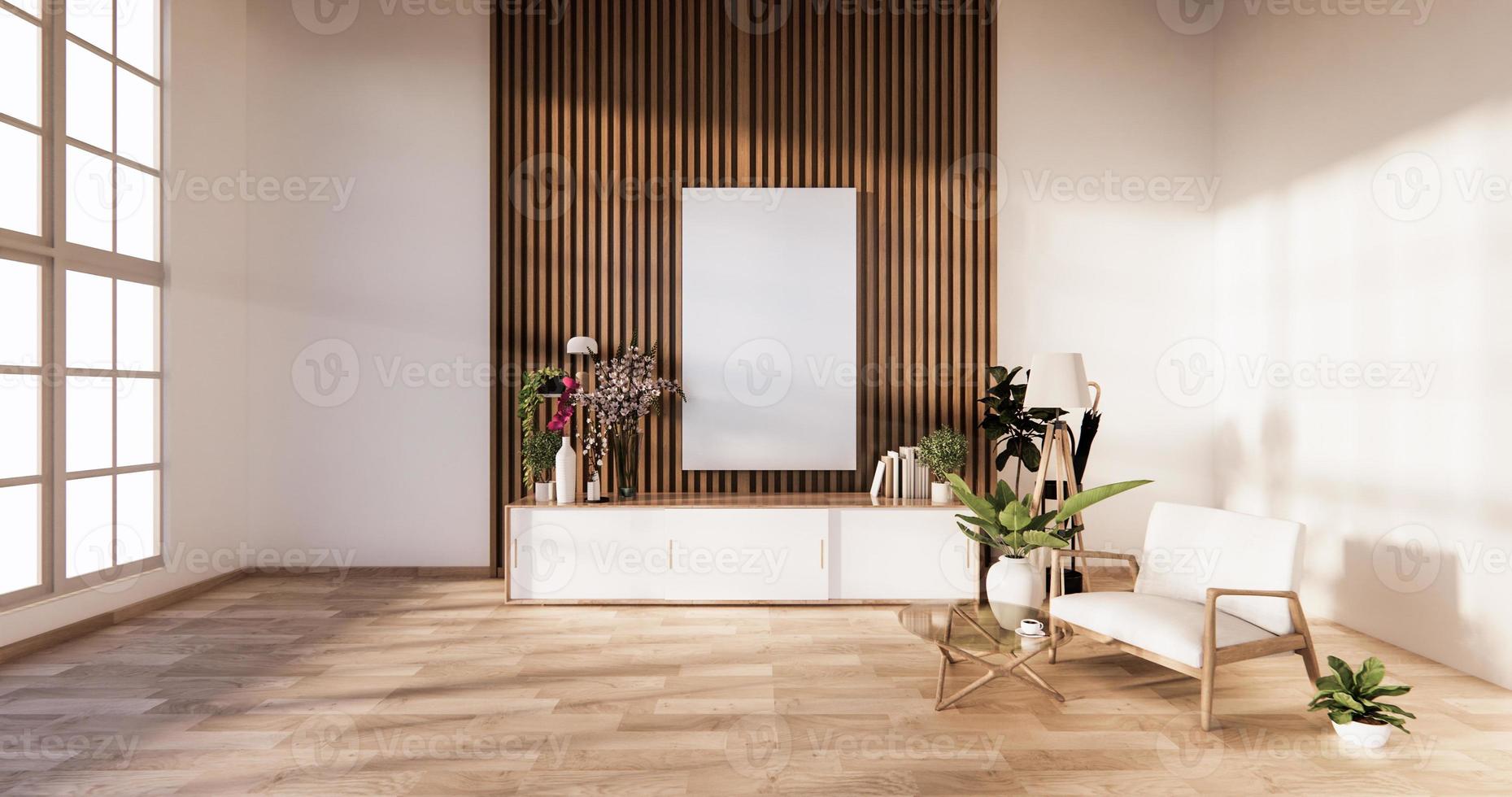 woonkamer in traditionele Japanse stijl gemengd met modern design.3D-rendering foto