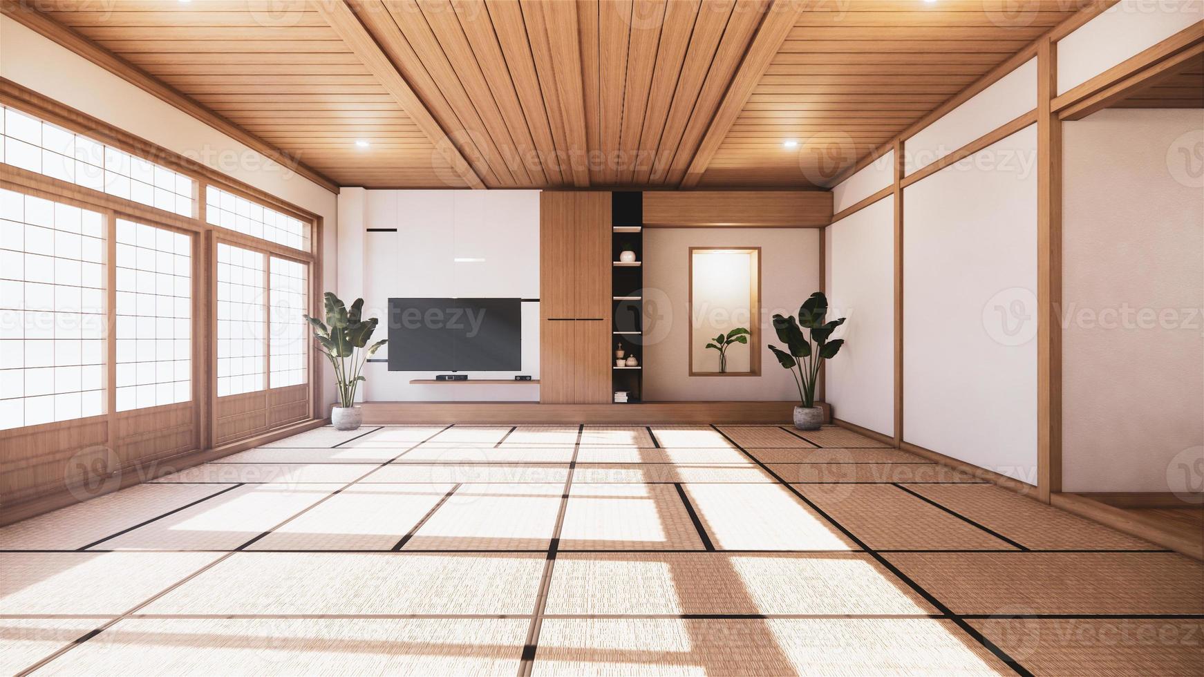 tv-kast en plank wandontwerp zen interieur van woonkamer japanse stijl.3d-rendering foto