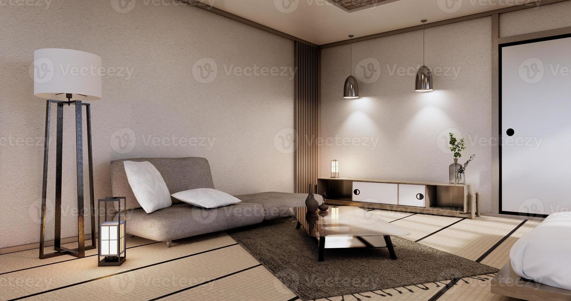 moderne Japanse woonkamer interieur, bank en kast tafel op kamer witte muur background.3d rendering foto