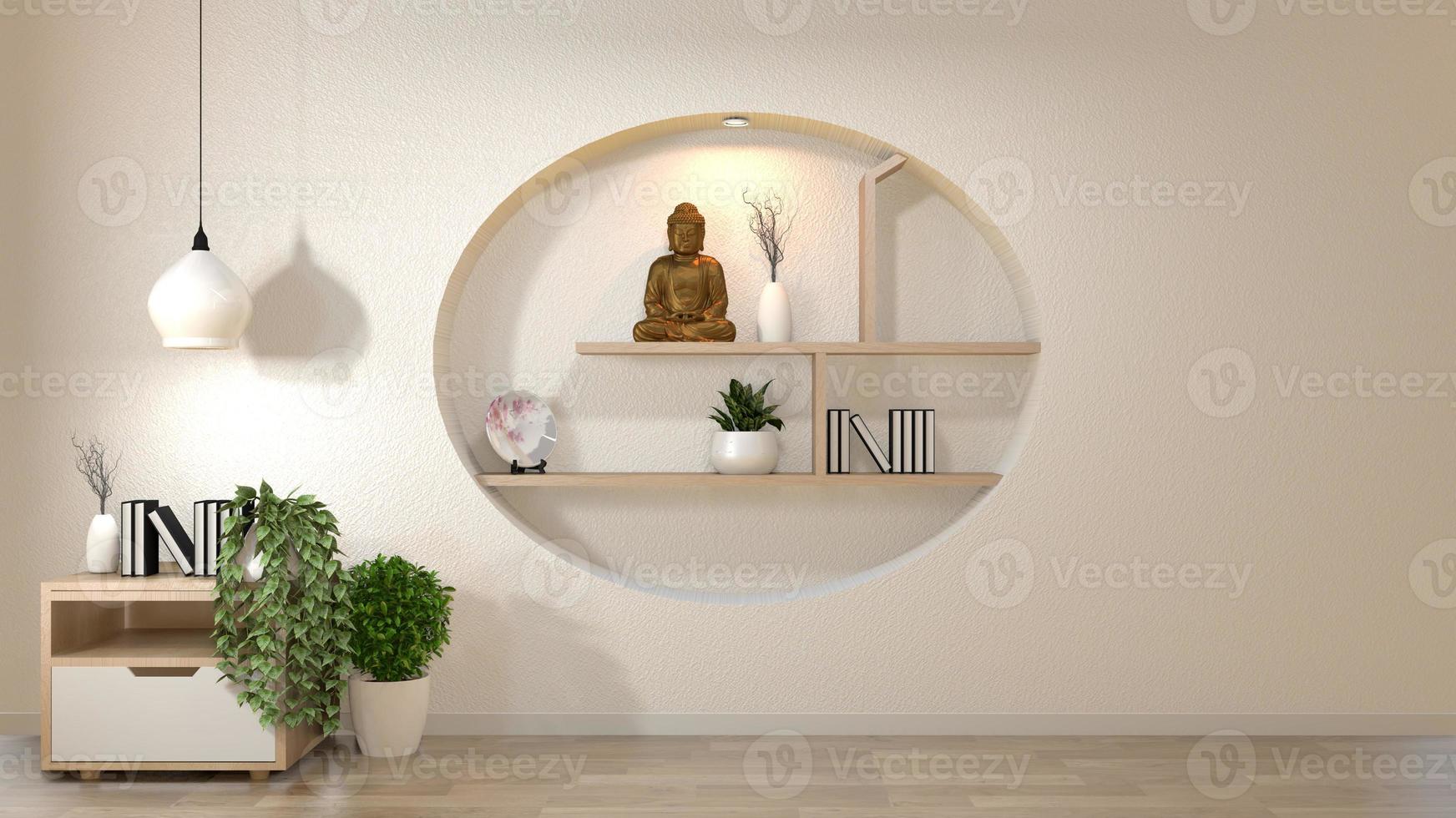 witte muur mock-up lege kamer met boek en vaas en planten op kast, decoratie op plank muur ontwerp japanse stijl. 3D-rendering foto