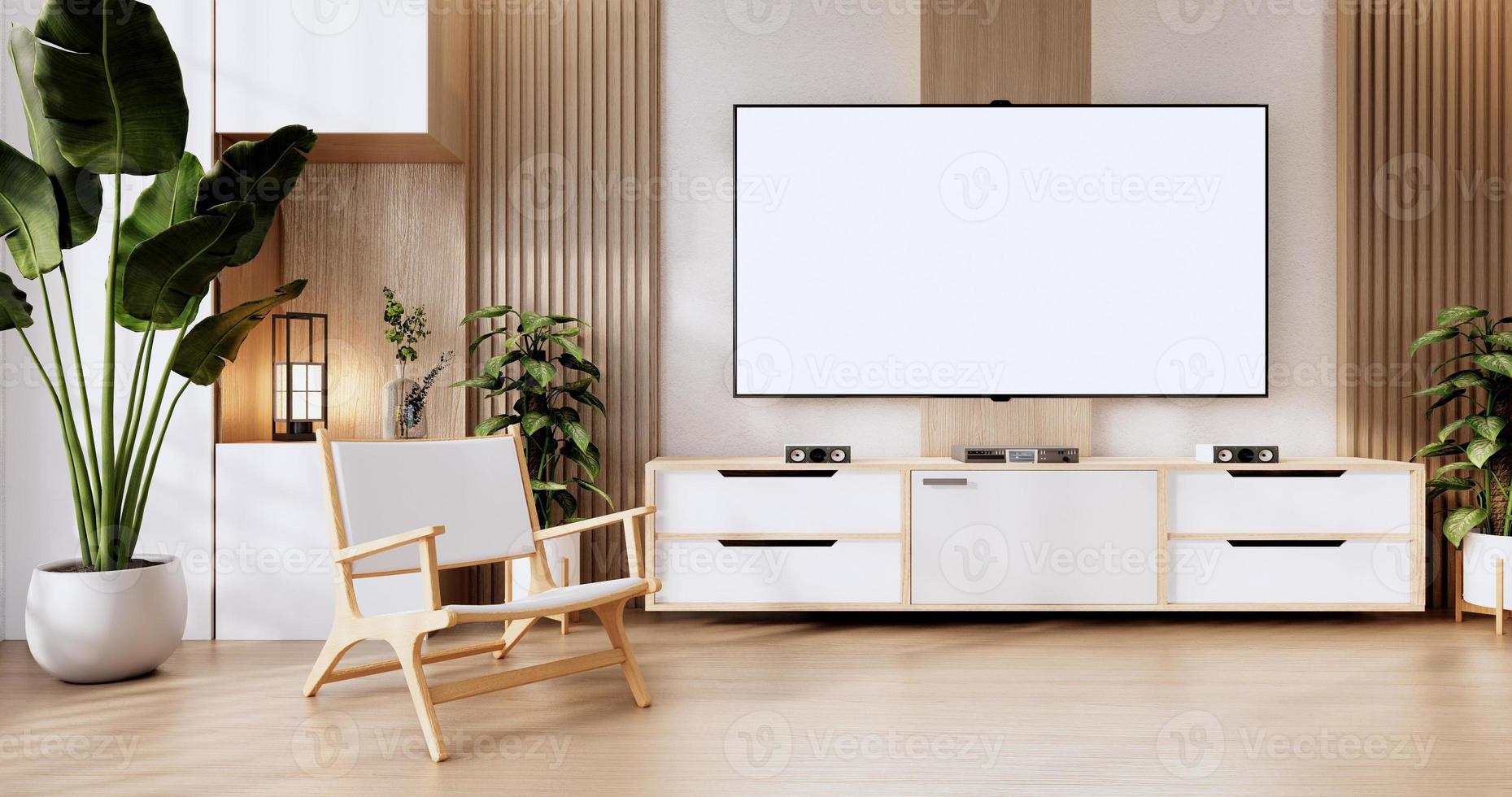 kast houten display-ontwerp op kamer Japanse minimalistische woonkamer unterior, 3D-rendering foto