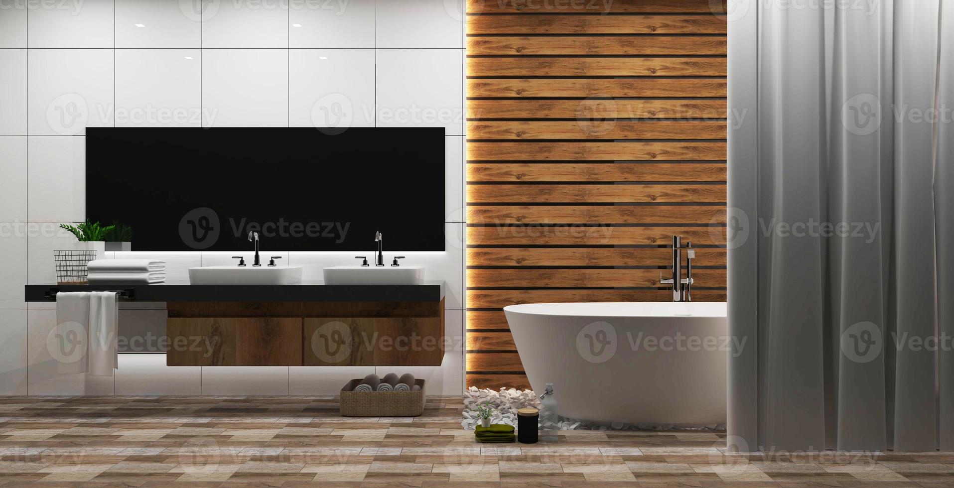 witte tegel en houten muur badkamer interieur met een ronde witte kuip, zen-stijl. 3D-rendering foto