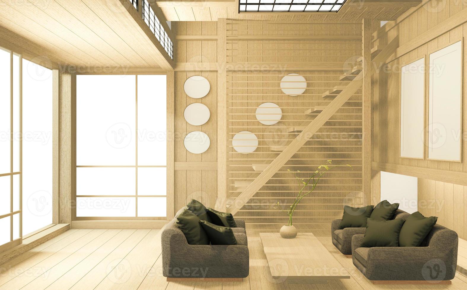 tropisch interieur met bank voor woonkamer japanse stijl. 3D-rendering foto