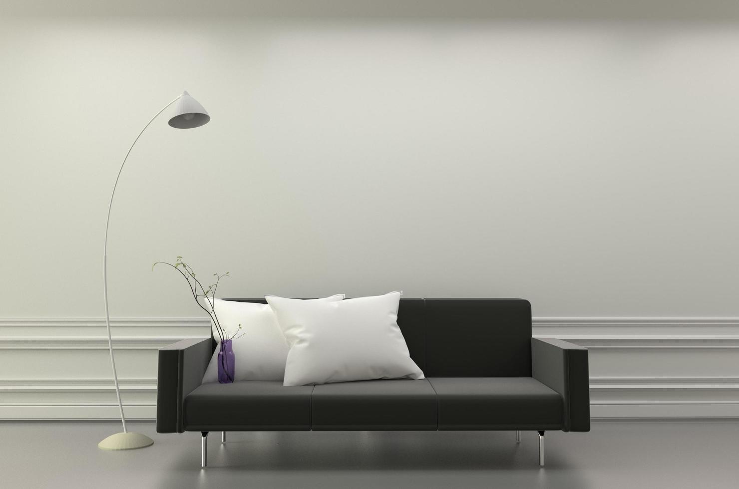 moderne woonkamer interieur - zwarte bank en witte kussens en lamp - kamer witte elegante stijl. 3D-rendering foto