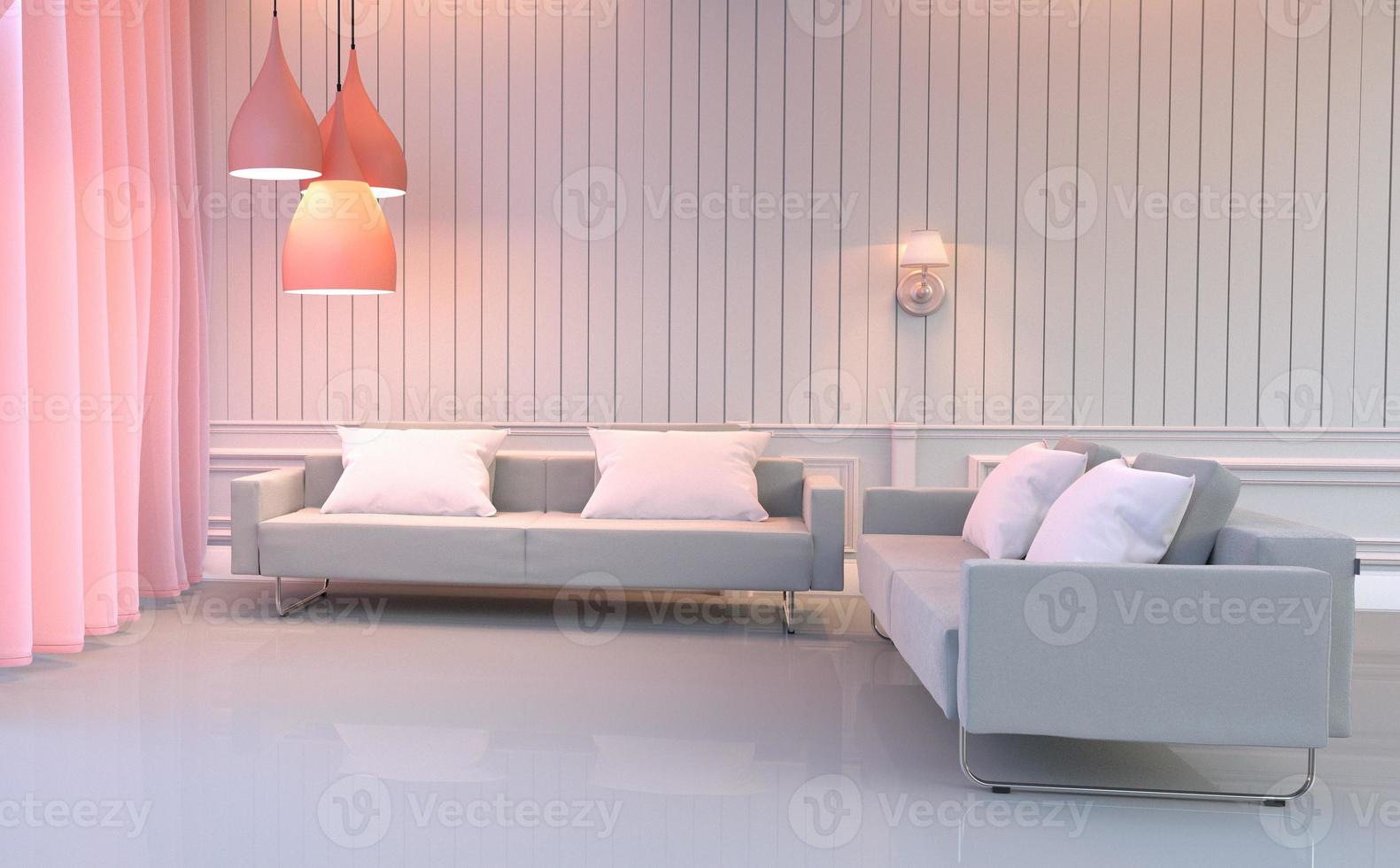 woonkamer interieur - europa roze kamer elegante stijl heeft een dubbele bank en kussens. 3D-rendering foto