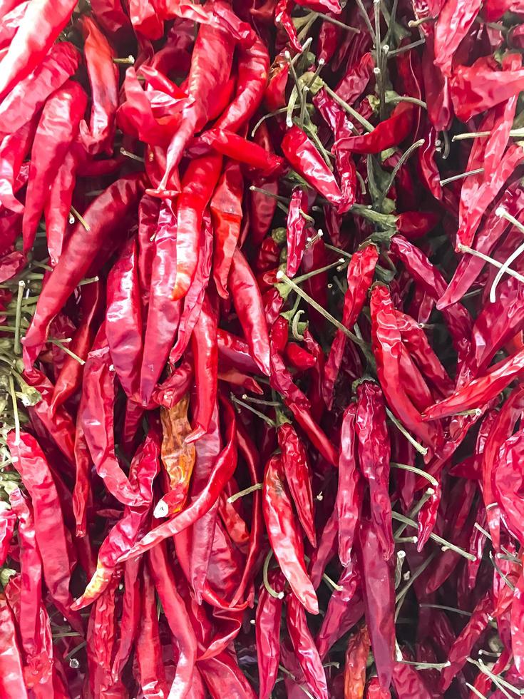 achtergrond van gedroogde hete pepers van verschillende kleuren foto