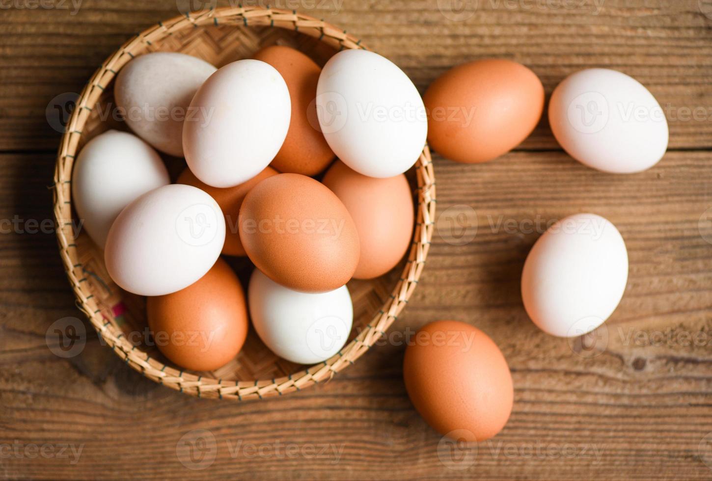 kippeneieren en eendeneieren verzamelen van boerderijproducten natuurlijk in een mand gezond eetconcept, vers ei. foto