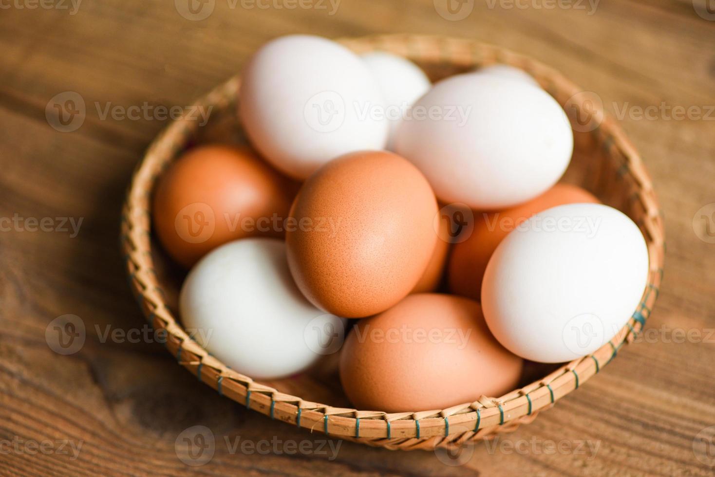 kippeneieren en eendeneieren verzamelen van boerderijproducten natuurlijk in een mand gezond eetconcept, vers ei. foto