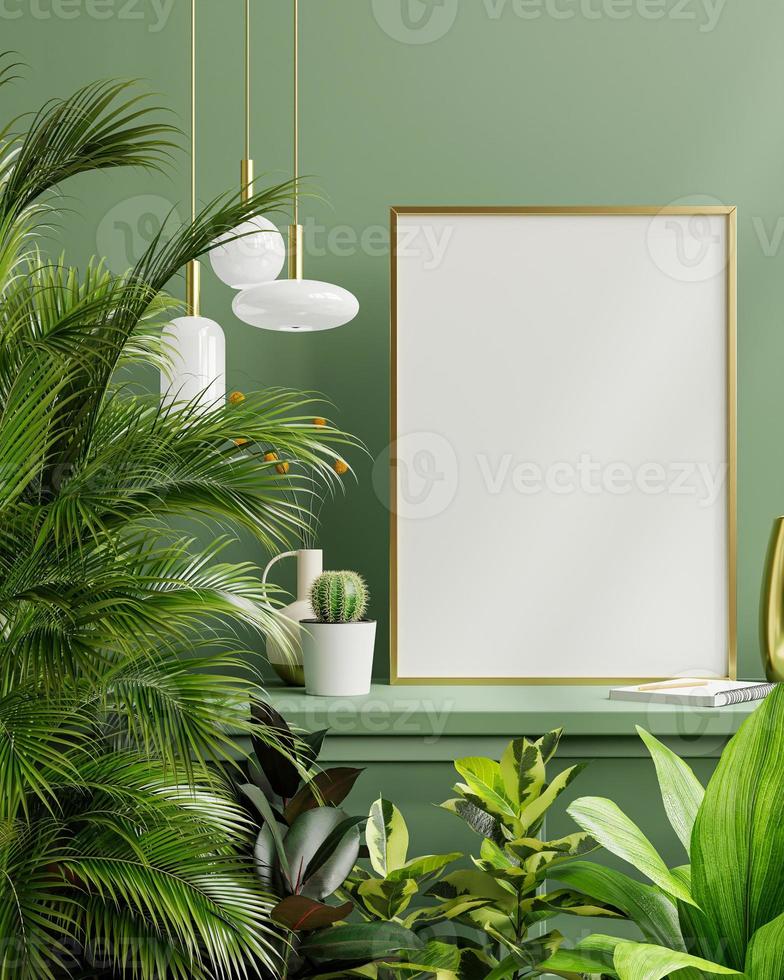 behandeling Weiland Aanhankelijk mockup fotolijst op de groene plank met prachtige planten. 4637426 Stockfoto