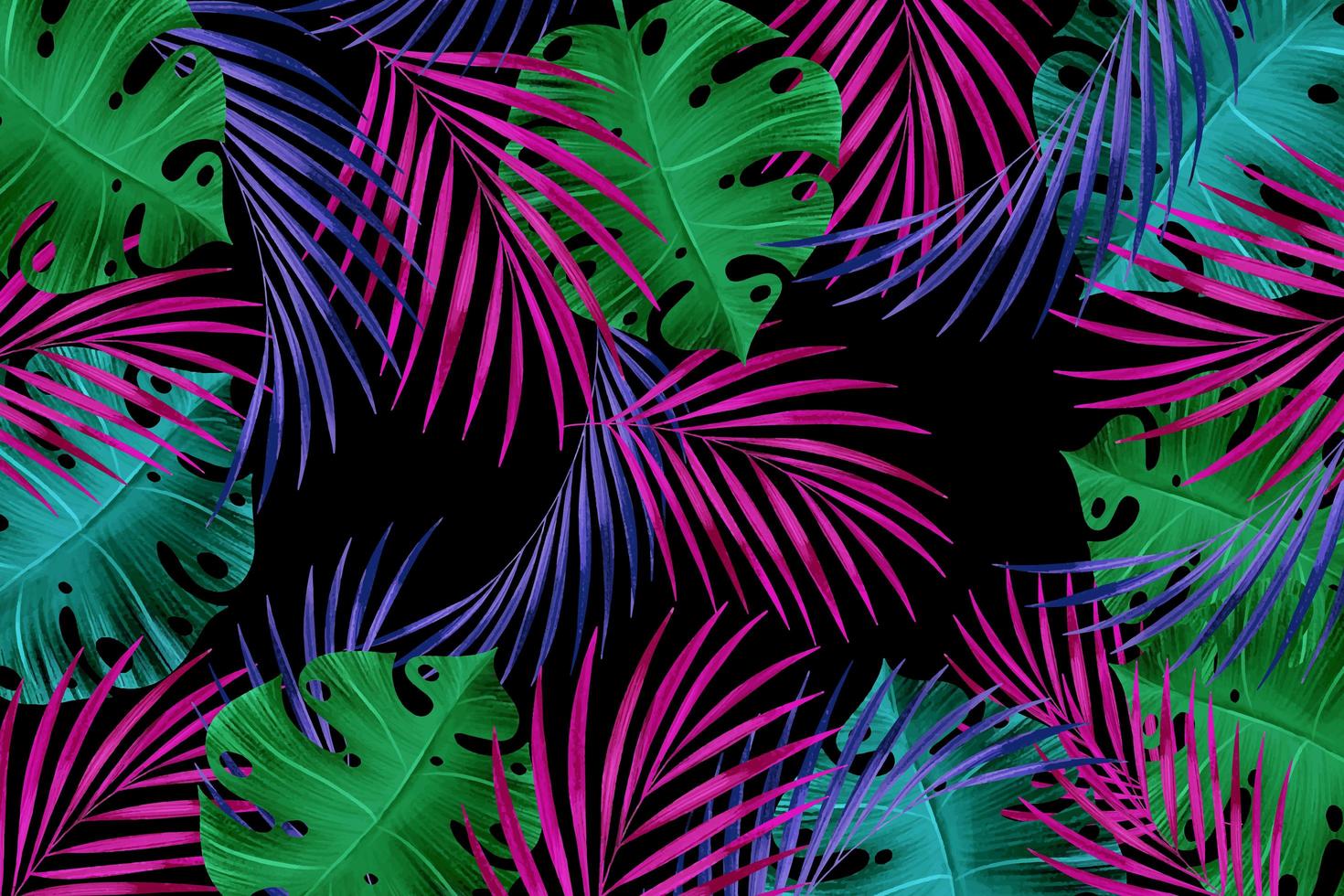abstract donkergroen en paars met blauw tropisch bladeren botanisch patroon op donkerzwart. foto