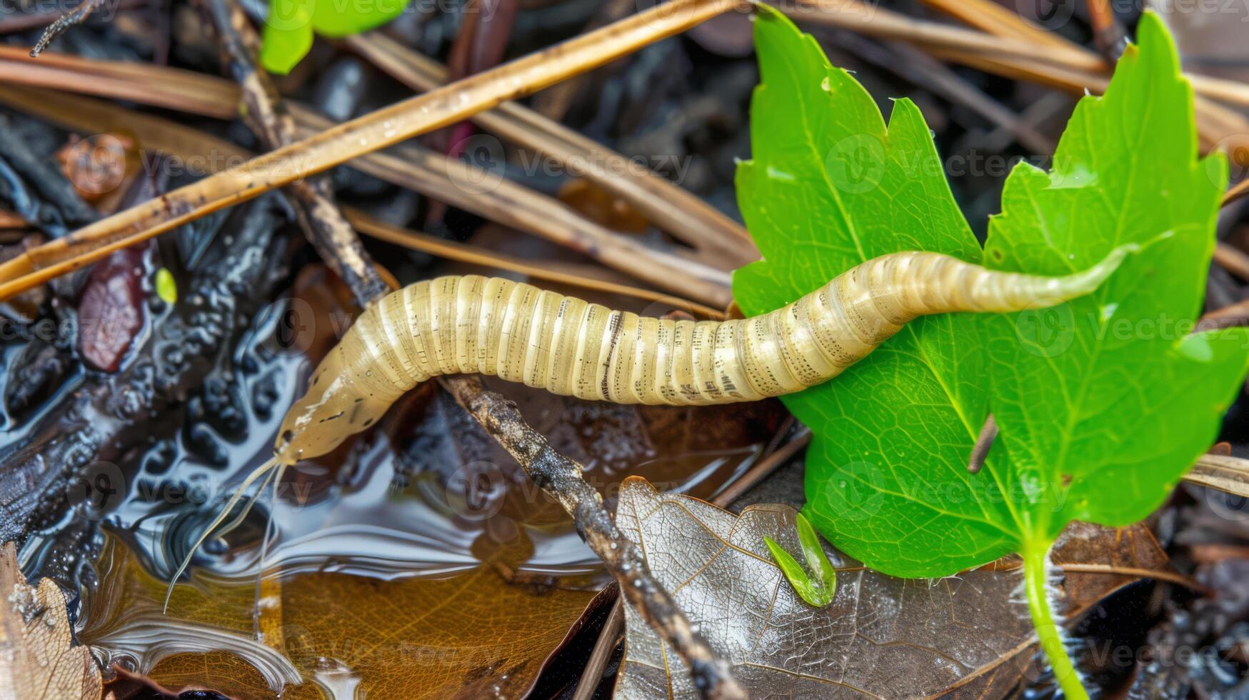 een worm kruipen Aan een blad in de water, ai foto