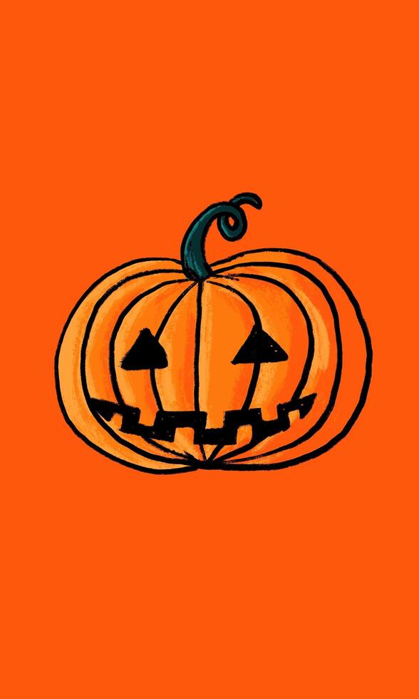 de halloween-pompoen met een somber gezicht wordt geïllustreerd op een oranje achtergrond. het jack o lantern-personage in een minimale illustratie. foto