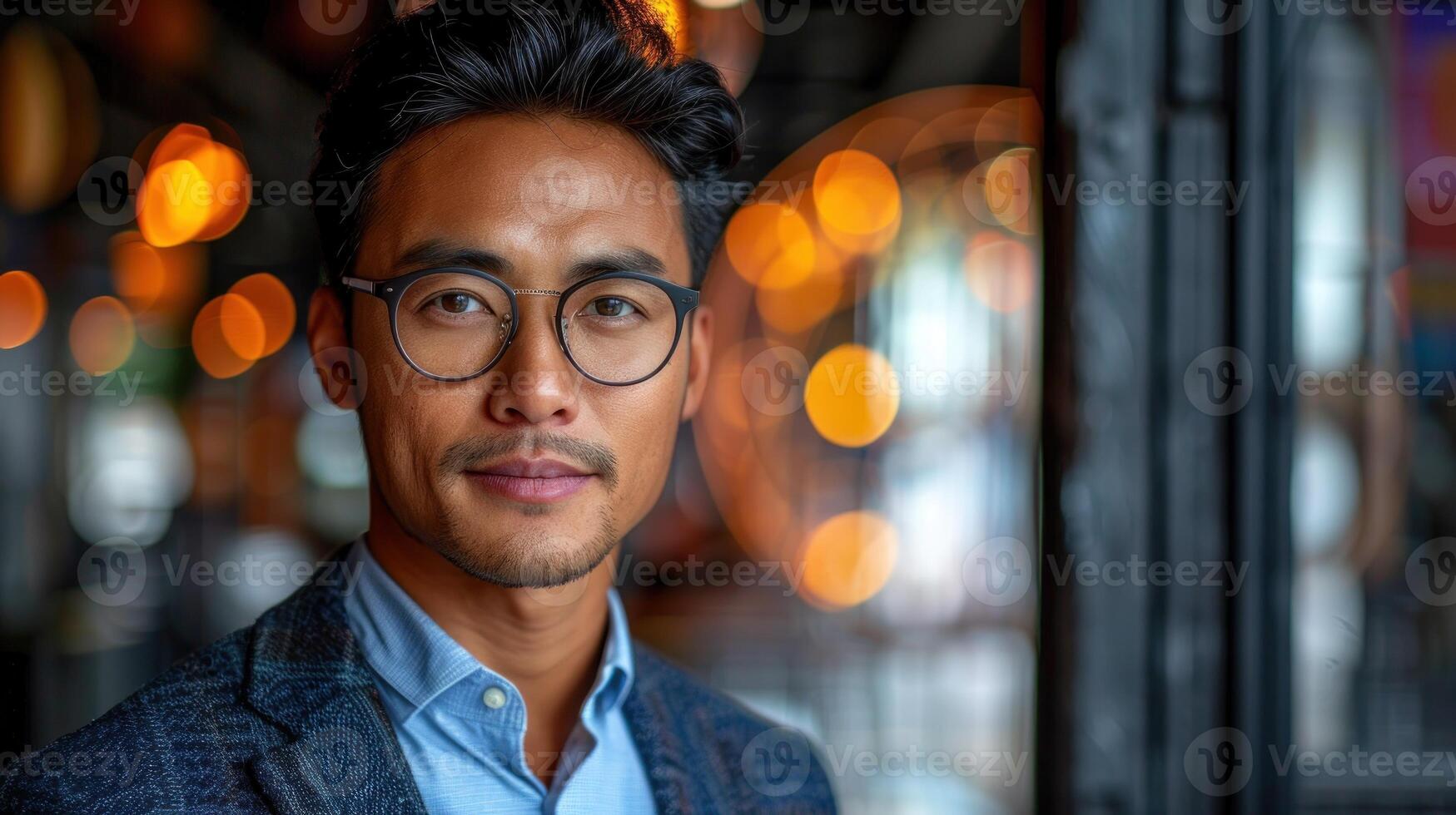 een jong Mens in een blauw blazer looks Bij de camera met een warm glimlach foto